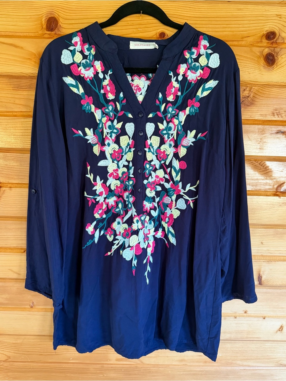 Solitaire Navy Embroidered Floral Tunic Top